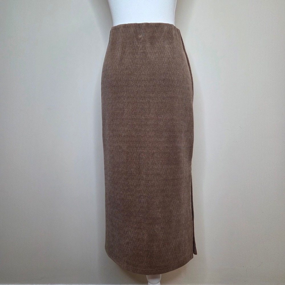Sadie‎ & Sage Taupe Textured Knit Midi Skirt Side Slit Brown Small - Picture 4 of 6
